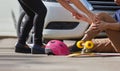 Accident skateboard crashes car after stunt on street and lost control Royalty Free Stock Photo