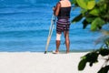 Accident tourist man are walking by crutches on the beach while travel