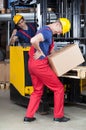 Accident in warehouse during using forklift Royalty Free Stock Photo