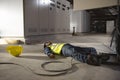 Accident from work of an electrician or maintenance worker lying unconscious on floor in the factory control room after the shock