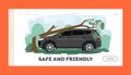 Accidental Damage, Insurance Landing Page Template. Broken Car with Tree Fall on Automobile Roof and Windshield