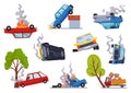 Accidents on road cars damaged. Road accident icons set with car crash symbols flat isolated. Damaged vehicle insurance