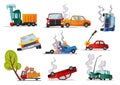 Accidents on road cars damaged. Road accident icons set with car crash symbols flat isolated. Damaged vehicle insurance Royalty Free Stock Photo