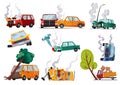 Accidents on road cars damaged. Road accident icons set with car crash symbols. Flat damaged vehicle insurance. Damaged