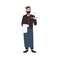 Accommodating waiter, restaurant waiting service worker or server carrying tray with drinks. Cute male cartoon character