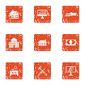 Accommodation icons set, grunge style