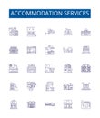 Accommodation services line icons signs set. Design collection of Lodging, Residing, Habitats, Abodes, Houses, Quarters