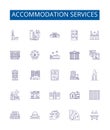 Accommodation services line icons signs set. Design collection of Lodging, Residing, Habitats, Abodes, Houses, Quarters