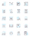 Accommodations market linear icons set. Hospitality, Lodging, Hotels, Resorts, Motels, Inns, Hostels line vector and