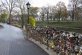 Riga, Latvia, November 2019. Locks on the bridge of lovers in a city park.