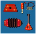 Accordion, balalaika, clapper, ratchet, rattle, gusli. Set Isolate vector Musical instrument. Russian style. Shrovetide.