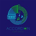 Accordion, music note with line staff circle shape logo icon outline stroke set dash line design illustration isolated on dark Royalty Free Stock Photo