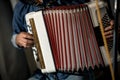 Accordion player close-up playing the white button accordion Royalty Free Stock Photo