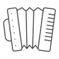 Accordion thin line icon. Folkloric accordion instrument outline style pictogram on white background. Patrick day and