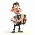 Accordionist musician, funny cute cartoon 3d illustration on white background,