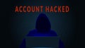 Account hacked concept with silhouette of hacker and computer on dark digital background.