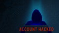 Account hacked concept with silhouette of hacker and computer on dark digital matrix background.