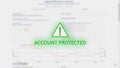 Account protected concept with an exclamation mark in a green triangle on a light background of blurry bitcoin graphics.