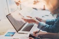 Account team meeting. Photo young business crew working with new startup project.Notebook on wood table. Idea Royalty Free Stock Photo