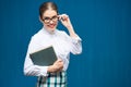 Accountant business woman wearing glasses portrait with book Royalty Free Stock Photo