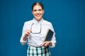 Accountant business woman wearing glasses portrait with book Royalty Free Stock Photo