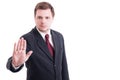 Accountant or businessman showing stop and stay gesture