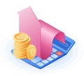 The accountant calculator, increasing arrow graph, stack of bitcoins. Royalty Free Stock Photo