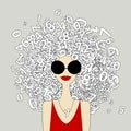 Accountant concept, Female Portrait with numbers on head, pretty woman in sunglasses. Design for cards, banners, posters