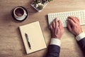 Male arms in suit typing on white keyboard using computer pc at office workplace closeup Royalty Free Stock Photo