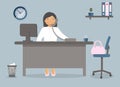 Accountant or office worker on the working place in the office on blue background.Vector illustration. Table,clock,cup of coffee,