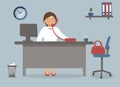 Accountant or office worker on the working place in the office on blue background.Vector illustration. Table,clock,cup of coffee,