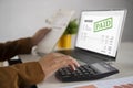 Accountant Women At Desk Using Calculator For Accounting. Professional Accountant Man Doing Taxation And Business Audit