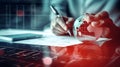 Accountant Writing on Paper with a Red-themed Globe