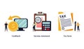 Accounting and bookkeeping cartoon web icons set. Money online refund. Financial consulting
