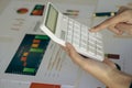 At the accounting desk, an accountant presses a calculator to analyze investment charts to generate monthly financial reports or c Royalty Free Stock Photo