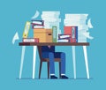 Accounting documents piles. Unorganized office work concept. Man sitting at table with heaps of papers and folders. Time Royalty Free Stock Photo