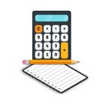 Accounting flat icons. Calculator with notebook and pencil isolated on white background.
