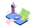 Accounting or payments. Mobile pay service, online banking. Man counting, receipt and cash money. Vector isometric