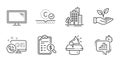 Accounting report, Web call and Helping hand icons set. Monitor, Megaphone and Buildings signs. Vector