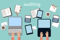 Accounting, taxes, audit, calculation and data analysis, reporting concepts. illustration flat design. Royalty Free Stock Photo