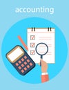 Accounting, taxes, audit, calculation, data analysis, reporting concepts. illustration flat design.