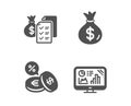 Accounting wealth, Currency exchange and Money bag icons. Analytics graph sign. Vector