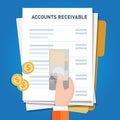 Accounts receivable money financial management in company, hand holding money on top of invoice for payment