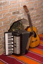 Accoustic guitar on the brick wall and accordion