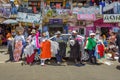 ACCRA,REPUBLIC OF GHANA - APRIL 30,2018:Women sell clothes on the street in front of a shopping center