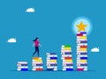 Accumulate knowledge and success. woman walking on stairs stack of books with stars