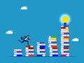 Accumulate knowledge and work experience. Businessman running on stack of books on stairs with light bulbs