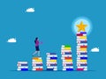 Accumulate knowledge and work experience. Businesswoman with laptop walking on stairs stack of books with stars