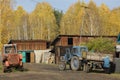 Accumulation of agricultural machinery on a warm autumn evening. Surroundings of the village of Klyuchi-Bulak