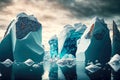 accumulation of floating icebergs near stone ledges against background of small mountains and cloudy sky